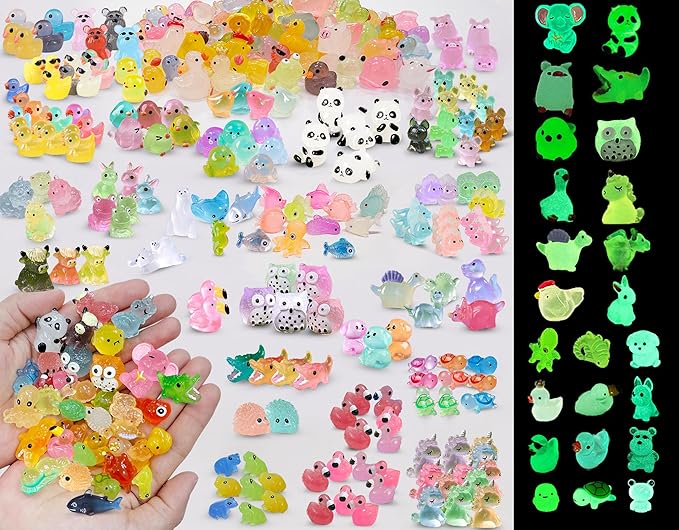 Luminous Tiny Resin Animals 300 Pcs Mini Animals Bulk Mini Resin Ducks Owls Tiny Frogs Pandas Small Rabbits Glow in The Dark for Miniature Garden Accessories Micro Landscape Aquarium Potted Decoration