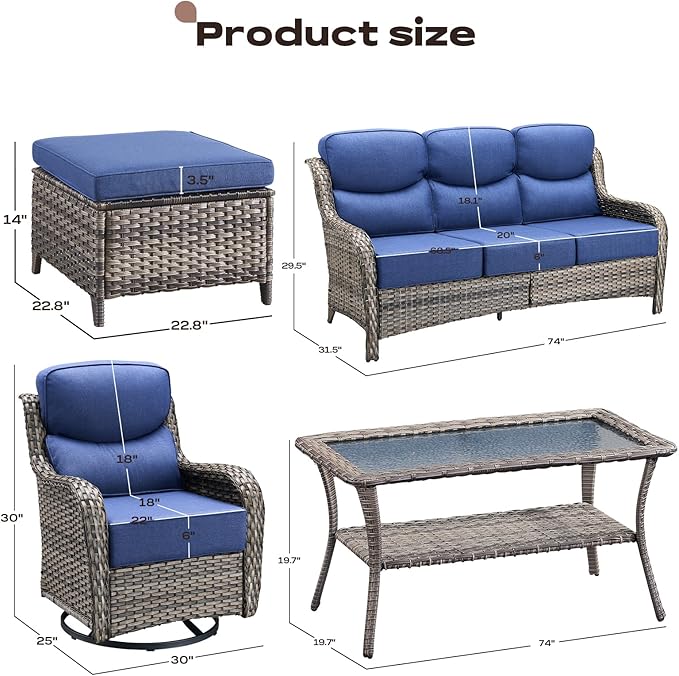 Rilyson Wicker Outdoor Patio Furniture Set - 8 Piece Patio Conversation Sets with Swivel Rocker Chairs, Ottomans, Sofa and Table, 6 inch Cushions, Deep Seating, for Porch Deck Mixed Grey/Blue