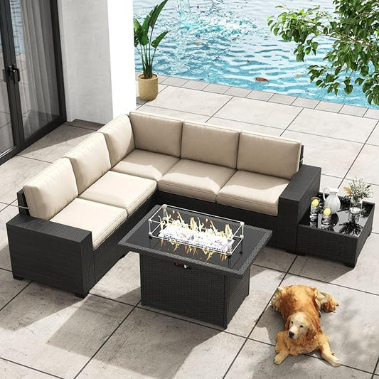 Patio Furniture Set with Fire Pit Table, 7 Pieces Outdoor All-Weather Wicker Conversation Sectional Chair Sofa Set