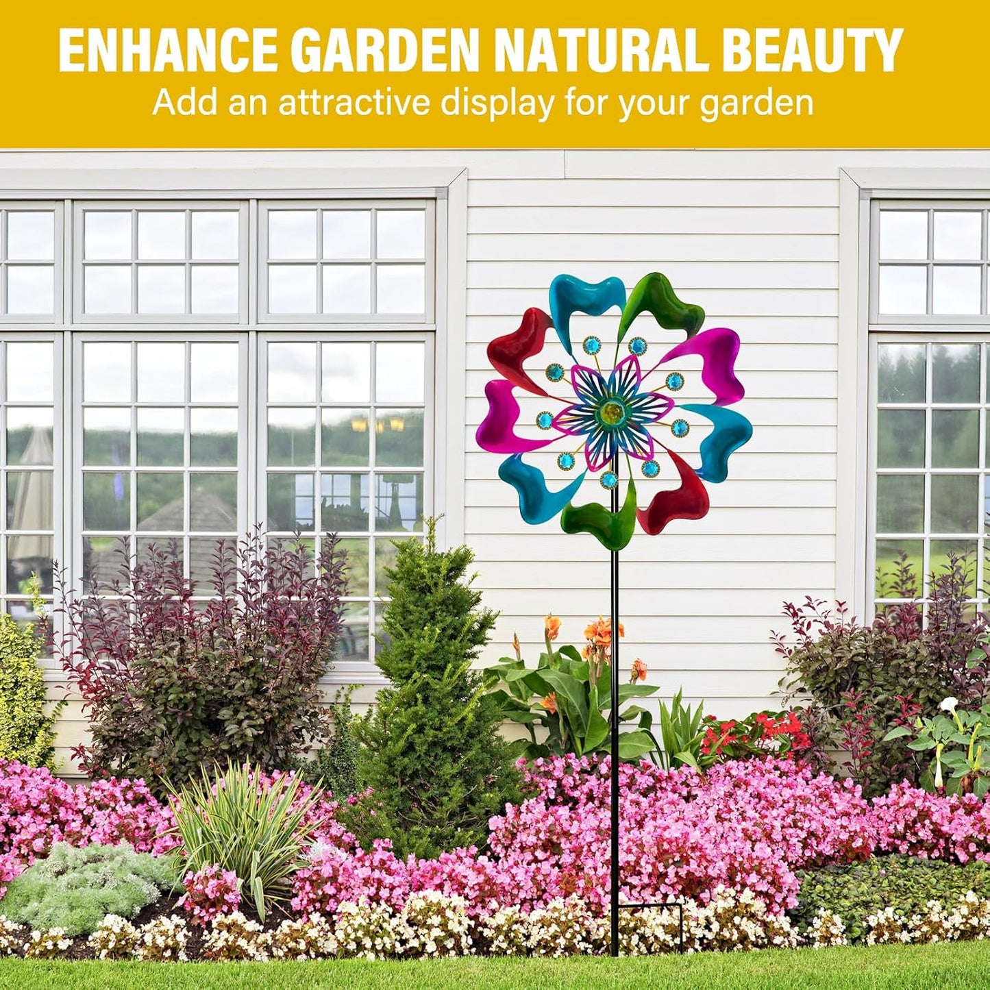 45" Flowers Wind Spinners for Yard and Garden, Sapphire Colored Leaves Kinetic Wind Spinner Outdoor Decor, Wind Sculpture Yard Art Decorations for Patio, Lawn & Garden