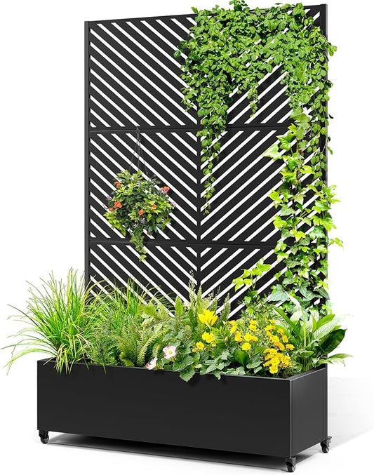 Metal Raised Garden Bed with Trellis, 2-in-1 Planter Box & Privacy Screen for Climbing Plants, Outdoor Standing Flower Bed with Drainage Holes, 47.2" L x 16.7" W x 70.8" H, Black-Parallel
