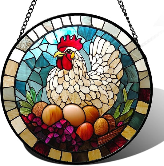 Stained Glass Window Hanging White Chicken Hatching Eggs Large 15" - Suncatcher Door Garden Sunroom Sun Catcher Home Decor Birthday Christmas for Mom Men Woman Nana