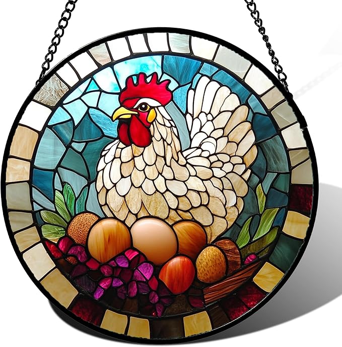 Stained Glass Window Hanging White Chicken Hatching Eggs 6.3" - Suncatcher Door Garden Sunroom Sun Catcher Home Decor Birthday Christmas for Mom Men Woman Nana