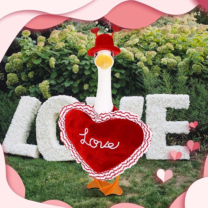 Valentine Goose Outfits Pink Heart Porch Goose Outfit Lawn Porch Goose Clothes Fits 23" Cement Plastic Goose Statue for Valentine's Day Outdoor Garden Yard Patio Art Decor (Red)