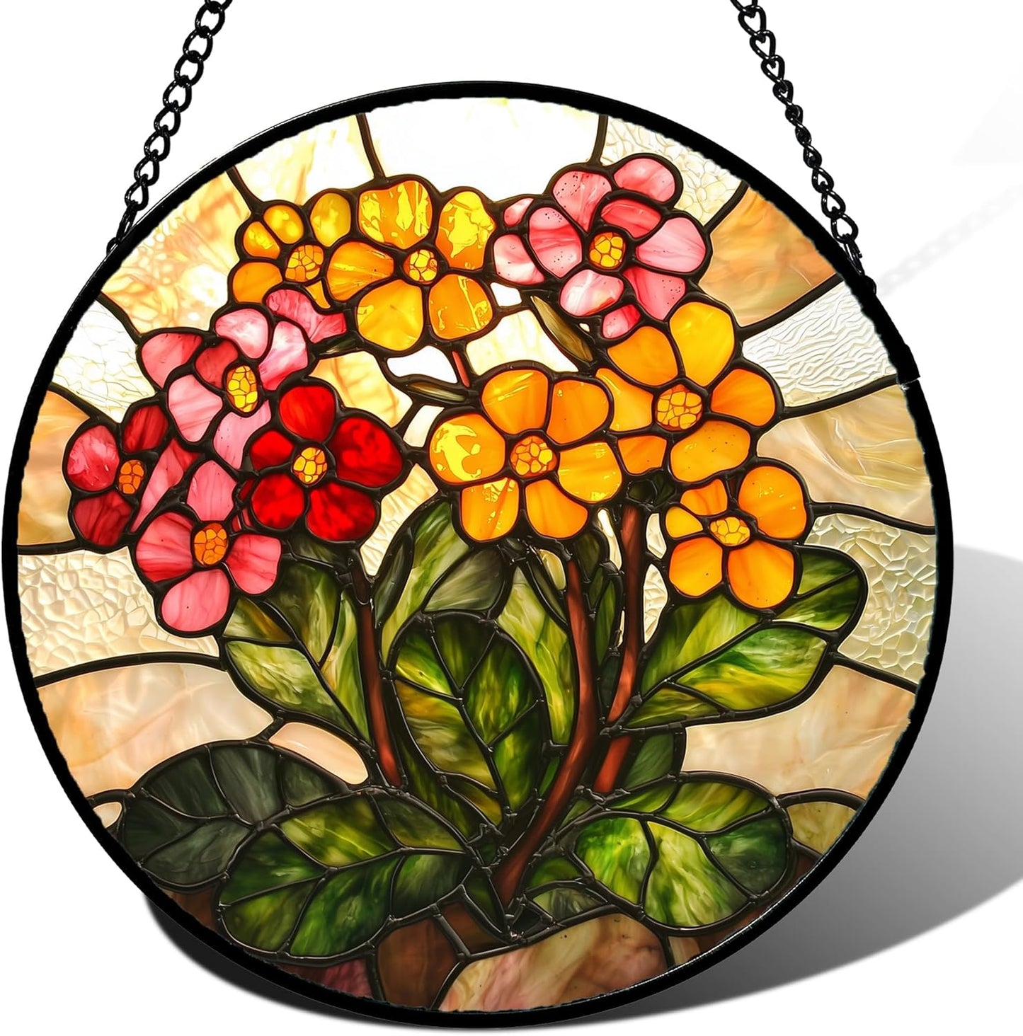 Stained Glass Window Hanging, Yellow Red Flowers Sun Catcher for Window Door Home Decor Green Plant Suncatcher Christmas Mother's Day Birthday Gifts for Women Men Mom and Nana 15 in