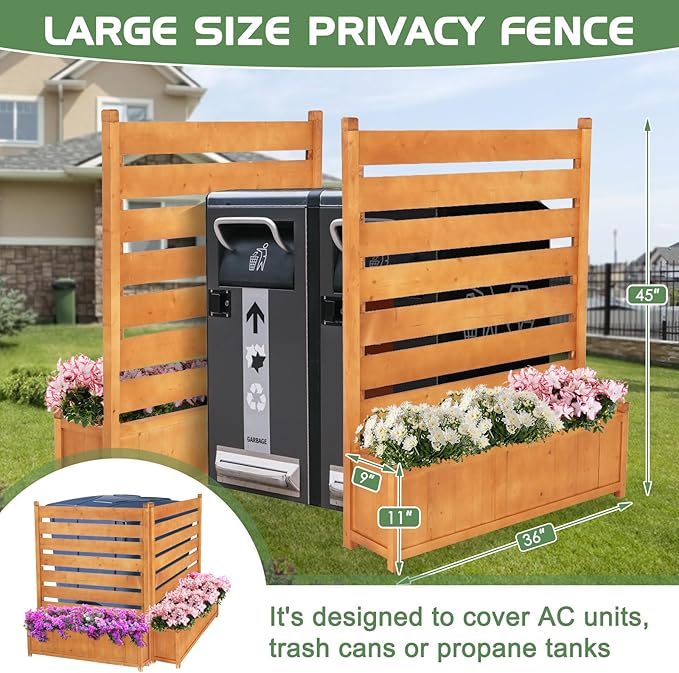 Air Conditioner Fence, Outdoor Wood Privacy Screens for Outside with Planter Box, No Dig Trash Can AC Fence Pool Equipment Enclosure Panels 36" W x 45" H (2 Panels)