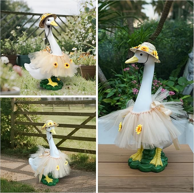 Goose Statue with Summer Sunflower Outfit Set - 20″ Goose Birthday Decor, Funny Ducks Yard Garden Outdoor Decor, Resin Animal Sculptural Patio Yard Ornament, Gifts for Women/Grandma