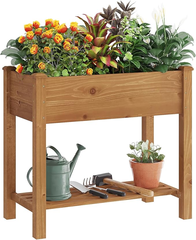 GHWIE Raised Garden Bed with Legs, Elevated Wood Planter Box for Vegetables, Flowers, Patio, Balcony, with Liner