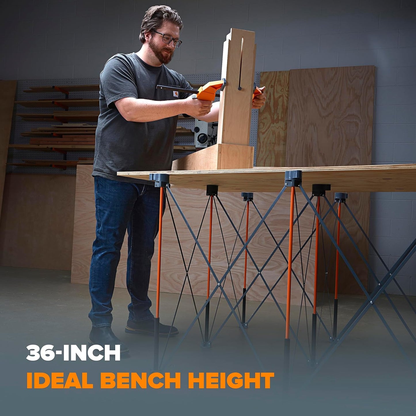 BORA Centipede CT9 36 inch Tall Portable Folding Workstand Workbench with Carry Strap, Collapsible, Construction Table, Support, Sawhorse, 4Ft X 4Ft, 36 inch Work Height, 3500lb Weight Capacity,Orange