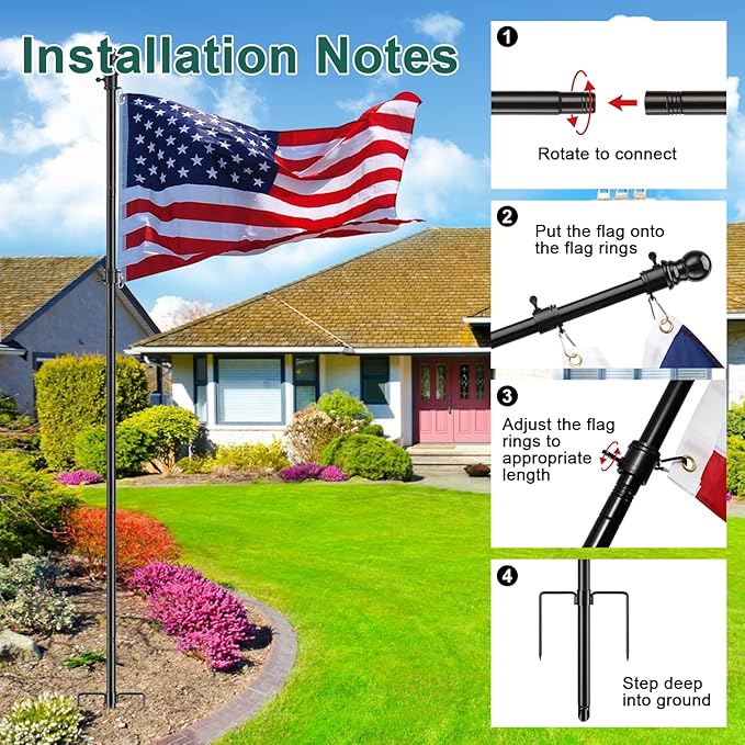 2 Pack Ground Flag Pole for Outside House - 8.5 FT Tangle Free Heavy Duty Flag Pole Kit with Windproof Stand,Outdoor Inground Flag Holder for Yard Garden, Includes Bonus 3x5 American Flag,Black