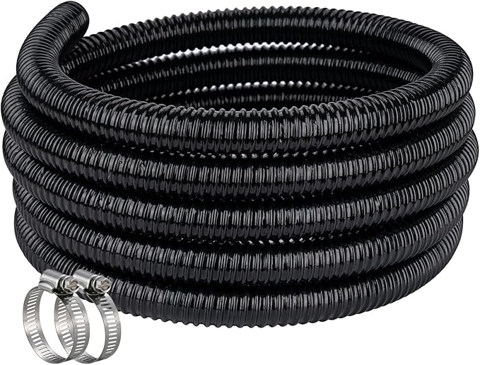 Pond Hose ID 3/4” × 25ft Black Corrugated Flexible Reinforced PVC Hose Vinyl Tubing for Pond Pump Fountain Garden Waterfall, Non-toxic & Kinkproof, with 2 clamps