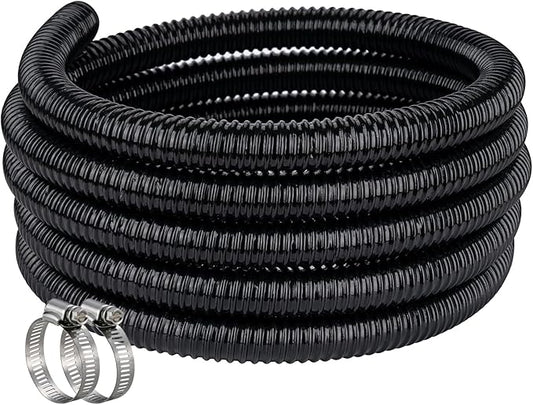 Pond Hose ID 1” × 10ft Black Corrugated Flexible Reinforced PVC Hose Vinyl Tubing for Pond Pump Fountain Garden Waterfall, Non-toxic & Kinkproof, with 2 clamps