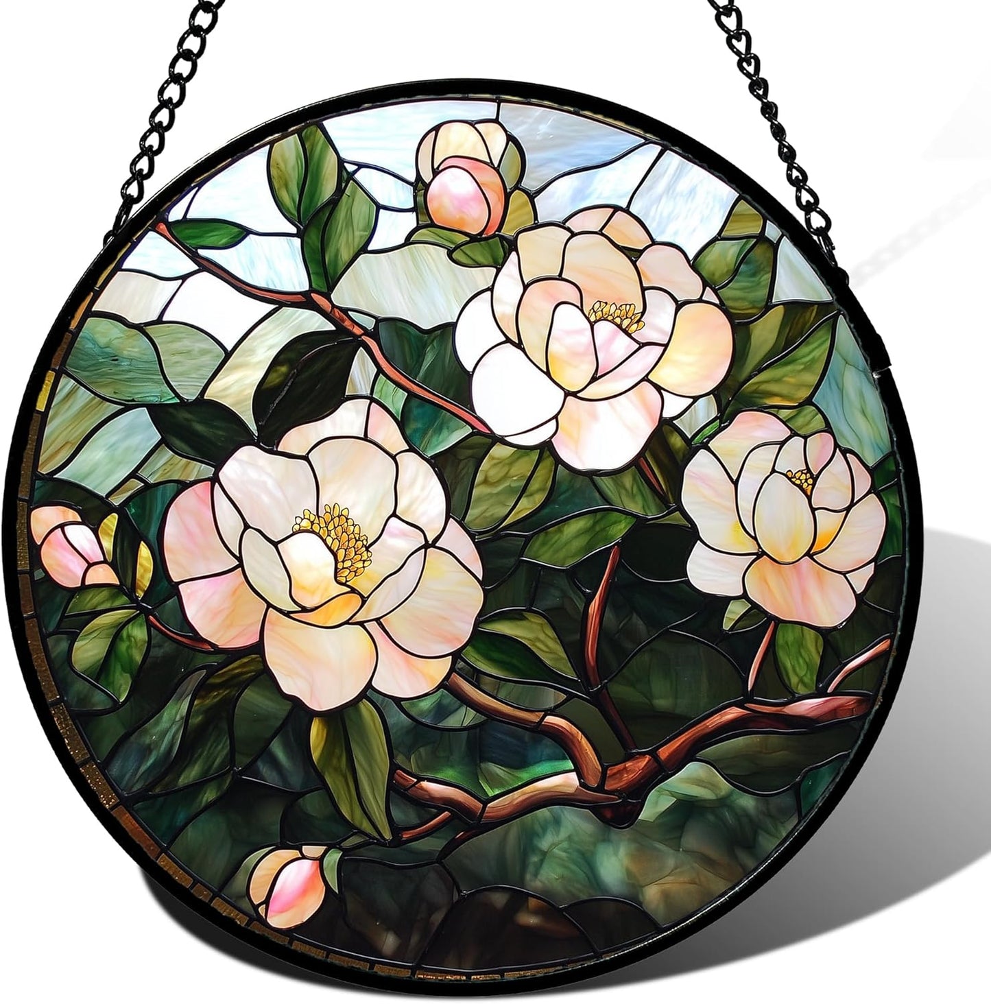 Stained Glass Suncatcher, Light Pink Flowers Green Leaf Sun Catcher Plant Stain Glass Window Hanging Decoration Mother's Day Birthday Gifts for Women Men Mom Nana 6.3 in