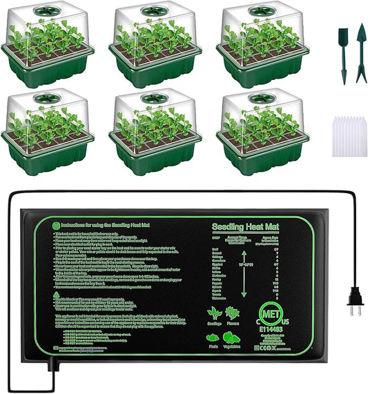 6-Pack Seed Starter Trays with 10"x20.75" Seedling Heat Mat for Indoor Home Gardening Seed Starting, 72-Cell Seed Starter Kit with Humidity Dome(12 Cells per Tray), MET Certified