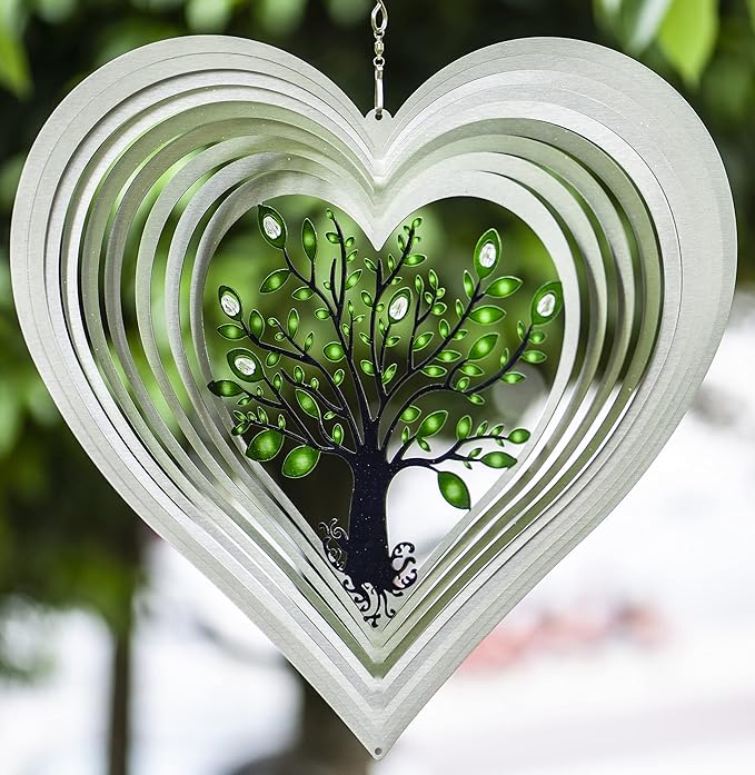 Heart Wind Spinners with Crystals for Yard and Garden, Metal Ornaments for Garden Décor, Outdoor Wind Spinner, Heart Décor Gifts, Outdoor Garden Decoration, 15 inch Heart Wall Décor by ISEO