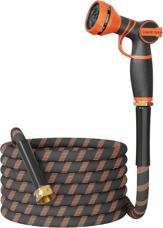 Giraffe Tools Garden Hose 25FT 1/2” Non-Expandable Lightweight Flexible Water Hoses Burst 600 psi with 9 Spray Function Nozzle Heavy Duty Hose