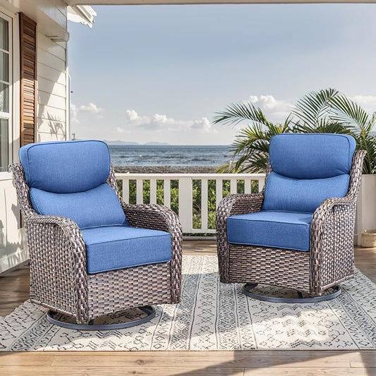 HUMMUH Outdoor Patio Wicker Swivel Rocker Chairs Set of 2 with 6-Inch Thick Cushion High Back Wicker Conversation Set for Porch Balcony Deck