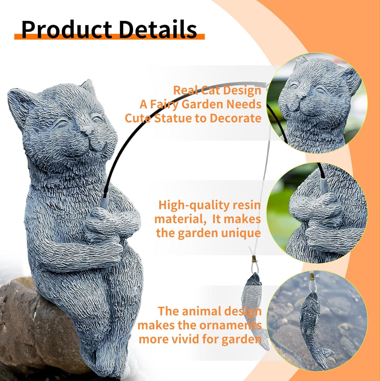 9.5" Cat Fishing Stone Look Sculpture, Whimsical Lawn Yard Art, Funny Garden Pond Fisherman Statue, Resin Animal Decorative Figurine, Cute Outdoor Ornament, for Cat Fishing Lovers