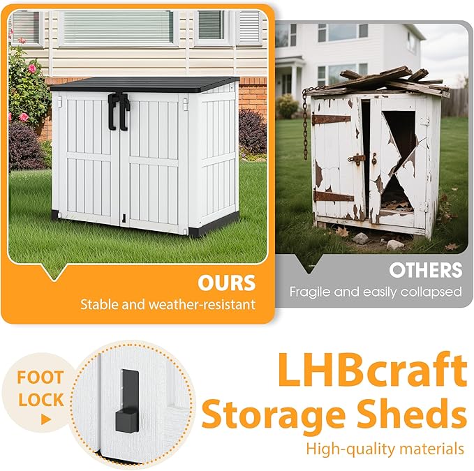 LHBcraft Outdoor Storage Cabinet 36 Cu Ft with Lockable Doors, Portable Horizontal Resin Storage Shed - Easy to Assemble, Waterproof Small Storage Shed with Floor