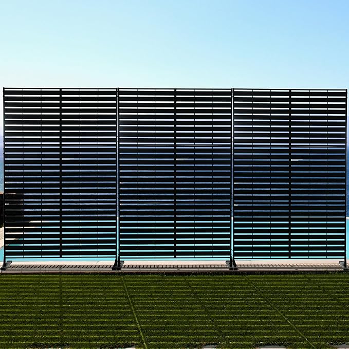 Kozyard Metal Privacy Screen 74" H x 47.2" W Decorative Outdoor Divider with Stand Panels Freestanding Screen Set for Deck Patio Balcony Garden Outdoor&Indoor(Black/Horizontal Slat)