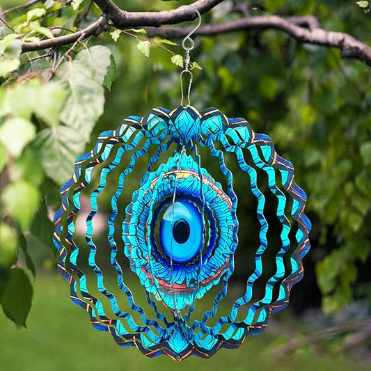 3D Wind Spinner Mandala 10 Inch Evil Eye Stainless Steel Wind Sculpture Blue Hanging Ornament Laser Cut Metal Art for Indoor Outdoor Garden Decoration Protective Amulet for Home and Yard