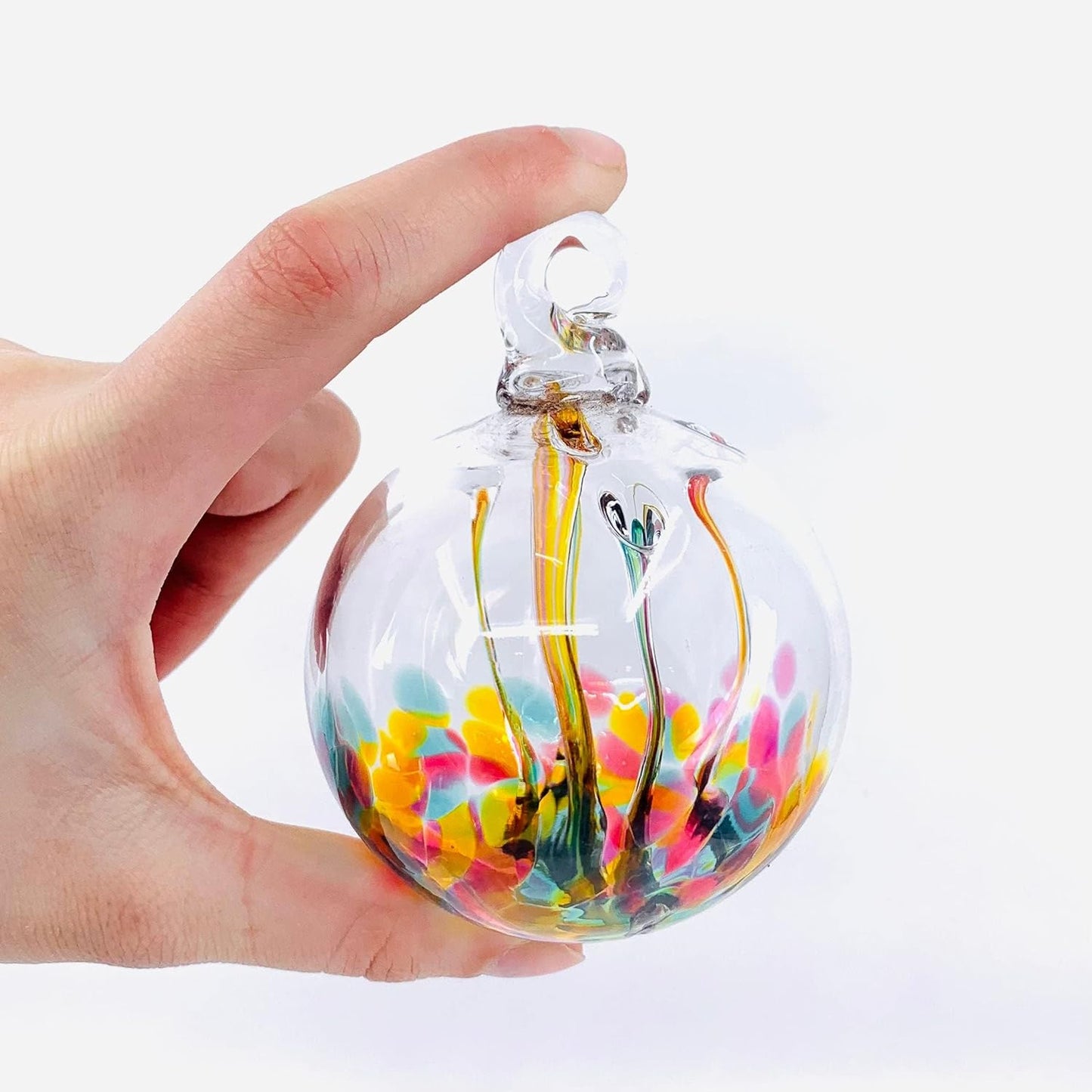 Luke Adams Glass | 3" Mini Glass Tree of Life | Handmade Ornament | Hanging Garden Gazing Ball | Indoor Outdoor Home Décor | (Pink Amber Teal)