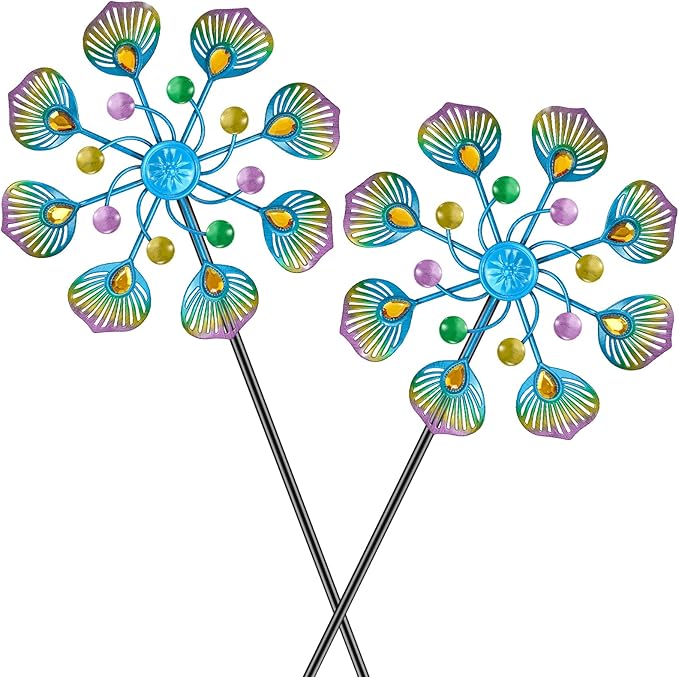 Peacock Wind Spinner Outdoor, Standing Wind Sculpture Yard Art Decorations, Metal Windmill for Patio Lawn & Garden Decor (2pcs-Blue Green)