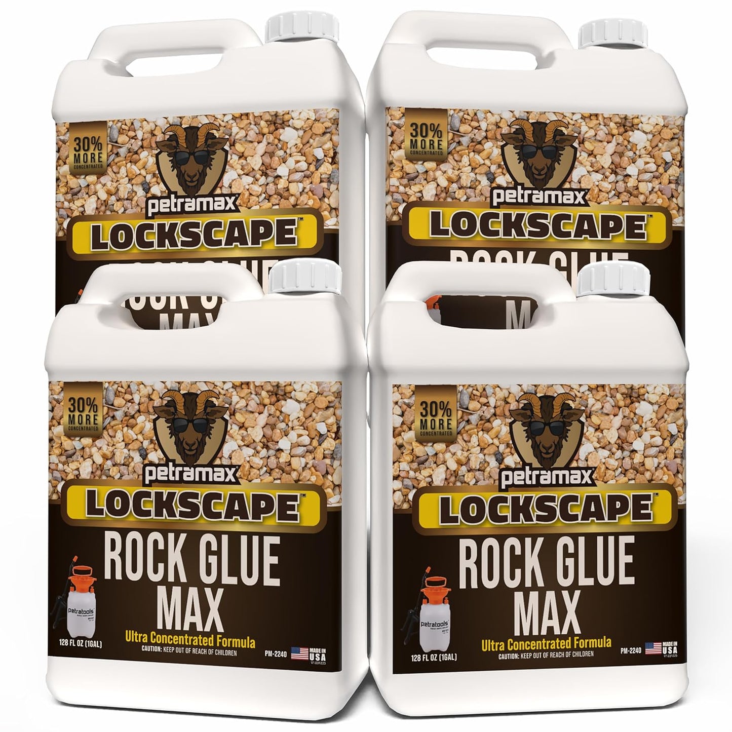 Petra Max Rock Glue for Landscaping, 4 Gal - Wide Coverage & Pet Safe Mulch Glue for Rocks - Lockdown Gravel/Pebbles/Stones - Sticky Clear Gravel Binder & Decomposed Granite Stabilizer (1Gal x4)