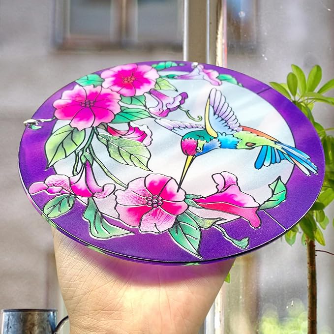 Larger Purple Stained Glass Window Hanging, Hummingbird Gifts for Women, Bird and Flowers Suncatcher, Hummingbird Gifts for Women, Bird and Flowers Suncatcher for Window, Hand Painted Glass