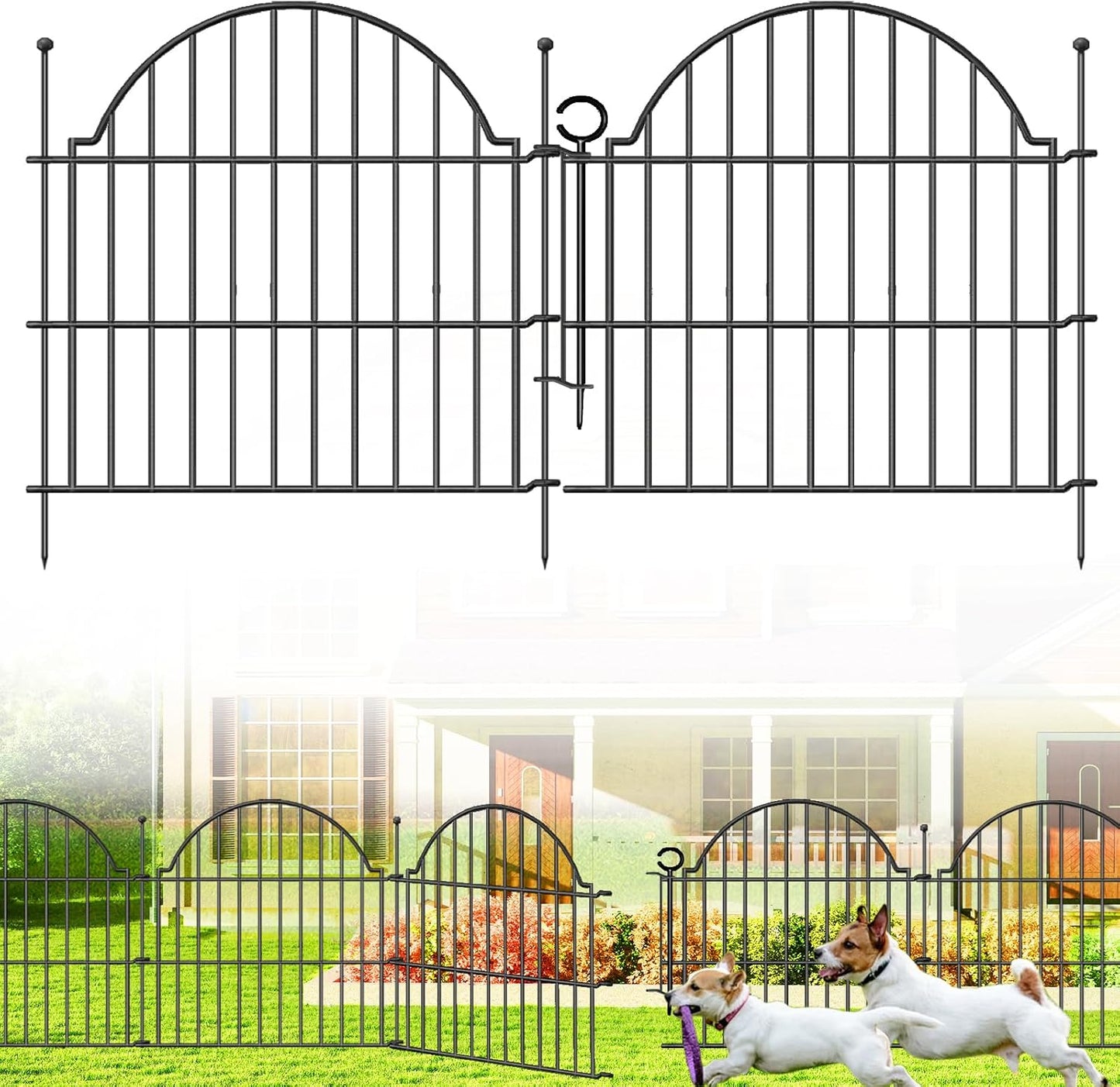 Decorative Metal Garden Fence with Gate Lock 5 Panels, 24in (H) x 10ft (L) No Dig Dog Fence Outdoor for Yard, Temporary Rustproof Metal Wire Rabbit Dog Garden Border Fencing for Patio