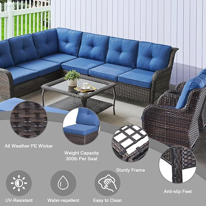 HUMMUH 9 Piece Patio Furniture PE Wikcer Outdoor Furniture Set with Sectional Sofa Swivel Patio Chairs Ottomans and Glass Coffee Table for Yard,Garden,Lawn