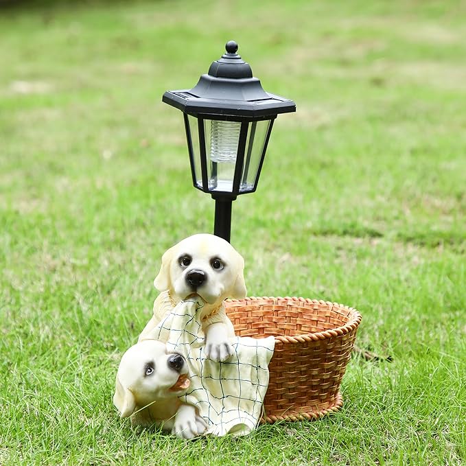 Solar Garden Outdoor Decor Statues Labrador Puppies Playing in Basket with Light,Outside-Outdoor Decorations Sculptures for Patio Yard Lawn Walkway Ornaments Clearance Gifts for Mom Grandma Birthday