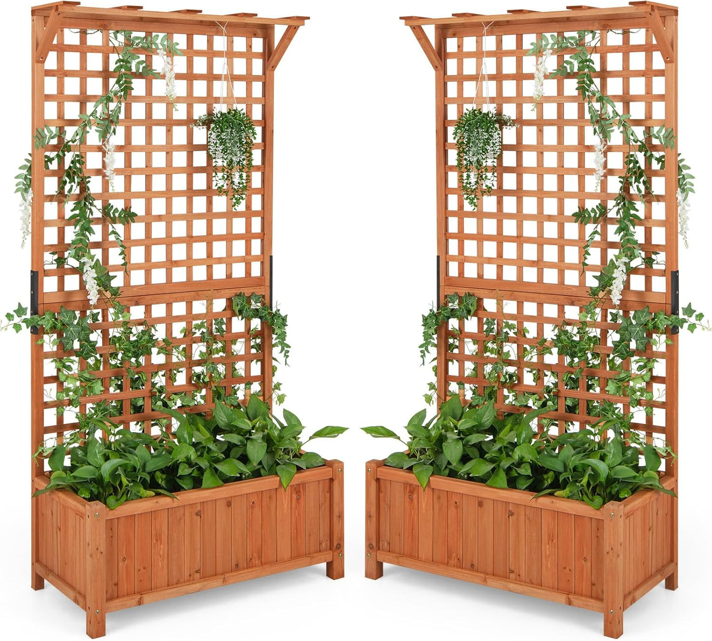 HAPPYGRILL Raised Garden Bed with Trellis, 72.5" Planter Raised Bed with Drainage Holes, Freestanding Garden Box for Vine Climbing Plants, Wooden Planter Box for Yard Balcony (2, Orange)