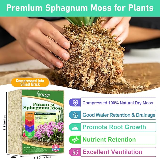 Legigo 1.1lb Natural Sphagnum Moss for Plants, 20QT Long Fiber Orchid Moss Potting Mix, Dried Sphagnum Moss for Plants Indoor, Orchid Repotting, Succulent, Carnivorous Plants, Terrarium and Reptiles