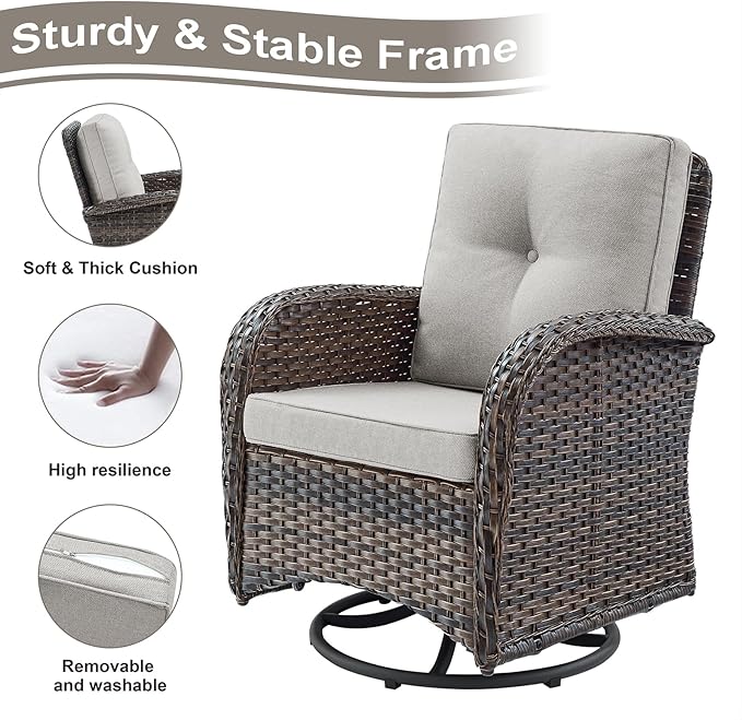 HUMMUH 5 Pieces Wicker Patio Furniture Set,Outdoor Swivel Gliders Rocker,Patio Ottomans,Glass Top Side Table,Outdoor Conversation Set for Porch Deck Backyard Poolside