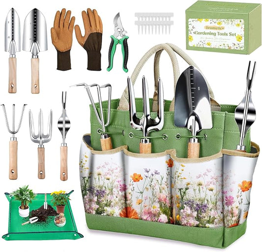 Gardening Tools Set for Women 29Pcs Heavy Duty Garden Hand Tools Set with Floral Tote Bag Rust-Proof Garden Tool Kit Supplies Gardening Esssential Gifts for Women Men