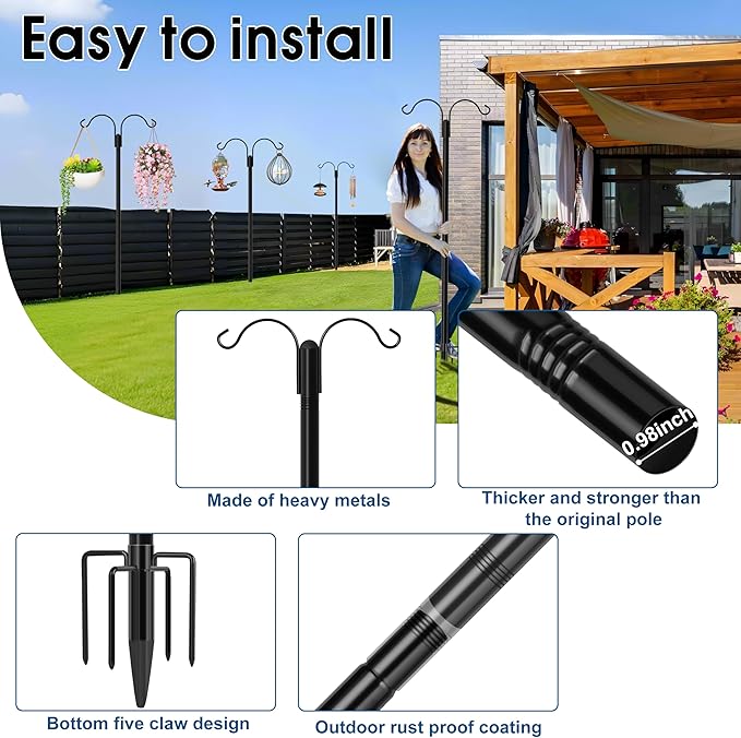 Ottsuls Bird Feeder Pole, 2 Pack 108 INCH Double Shepherds Hooks for Outdoor, with 5 Base Prongs Heavy Duty Tall Garden Planter Hooks for Hanging Flower Basket, Lantern, Hummingbird Feeder