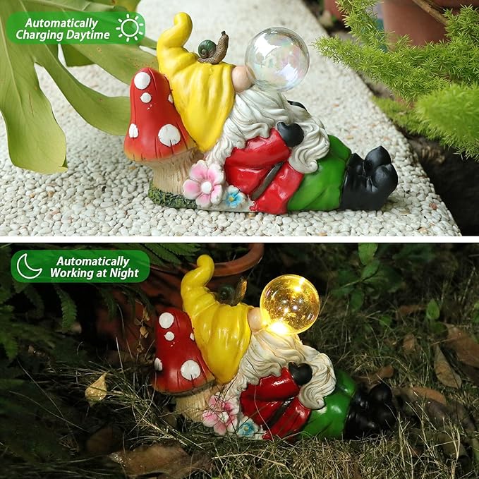 Garden Gnome Statue Outdoor Decor, Funny Gnome Figurine Lying on Mushroom with Crackle Globe Lights, Waterproof Resin Sculptures Lawn Ornament Tabletop Decorations for Porch Yard Decor
