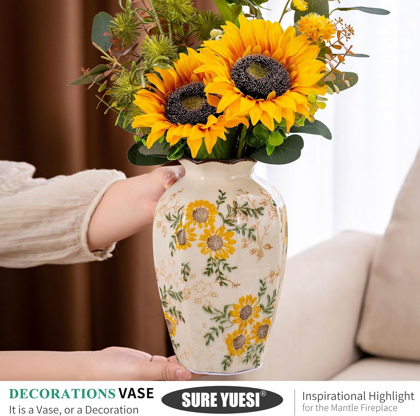 Hand-Painted Sunflower Vintage Ceramic Octagonal Vase, Green Yellow Beige Flower Vases for Bouquet, Fireplace Mantle, Table Centerpieces, Bookshelf, Office, Chinoiserie Floral Home Decorations 9.1 in
