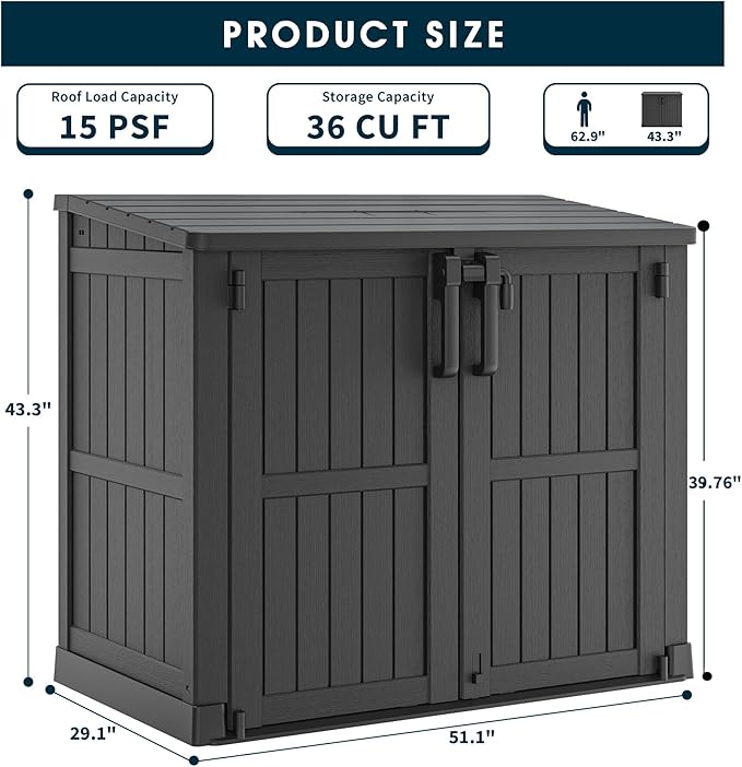 Horizontal Storage Shed, Outdoor Resin Storage Shed 36 Cu. Ft. Garden Extra Large Capacity Weather Resistant Storage Box, Lockabl Waterproof Shed for Garden Tools, Solid Black