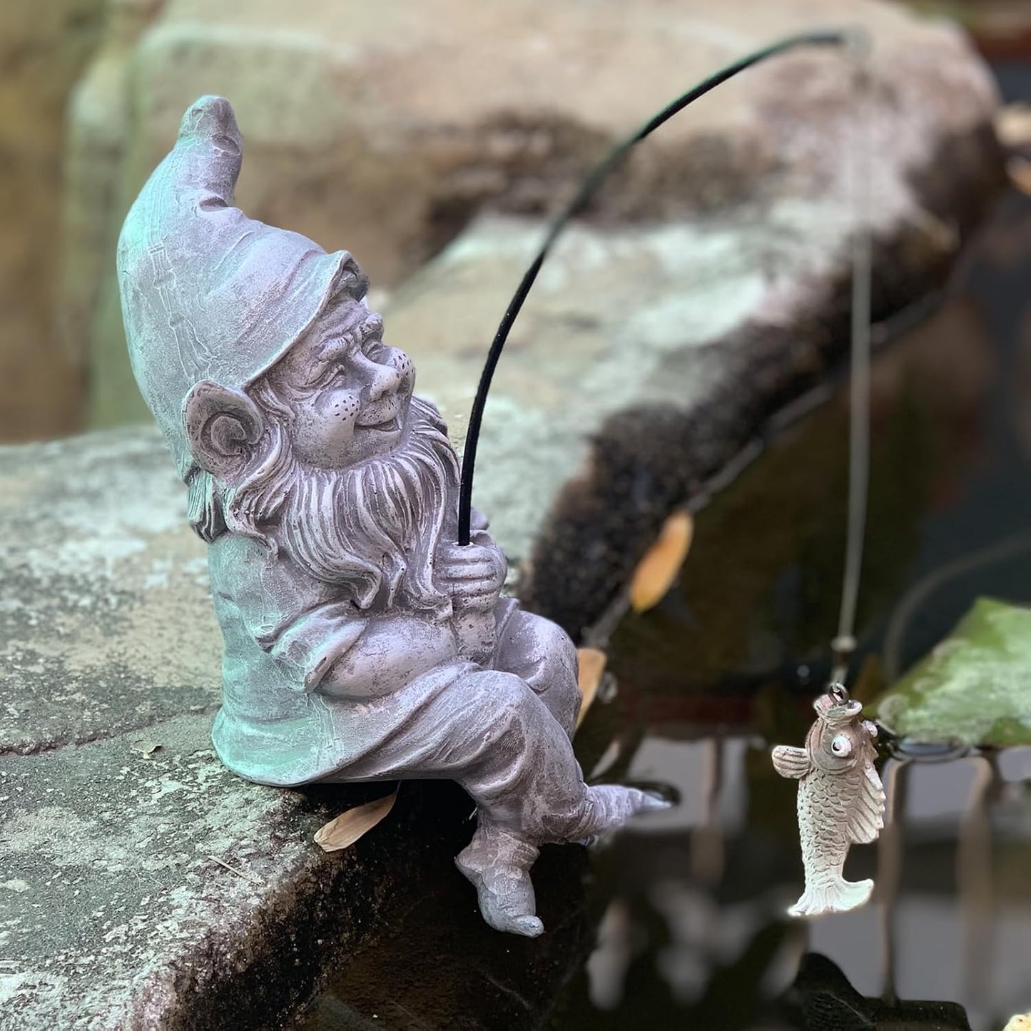 Fishing Gnomes Decoration for Yard Outdoor Garden Decor 9.7 Inch Tall Gnome Statue for Koi Pond, Waterfalls or Poolside Ornaments, Fisher Guy Outdoor Statues, Gift for Mom & Women