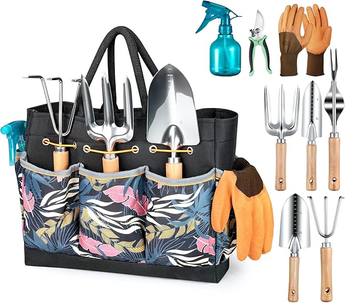 Gardening Tools 9-Piece Heavy Duty Garden Hand Tools with Fashion and Durable Garden Tools Organizer Handbag, Rust-Proof Garden Tool Set, Ideal Gardening Gifts for Women