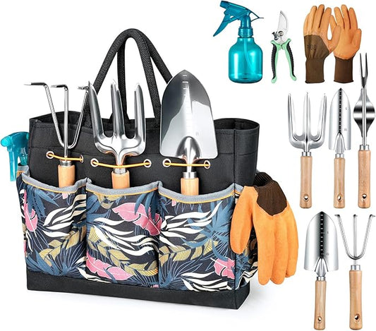 Gardening Tools 9-Piece Heavy Duty Garden Hand Tools with Fashion and Durable Garden Tools Organizer Handbag, Rust-Proof Garden Tool Set, Ideal Gardening Gifts for Women