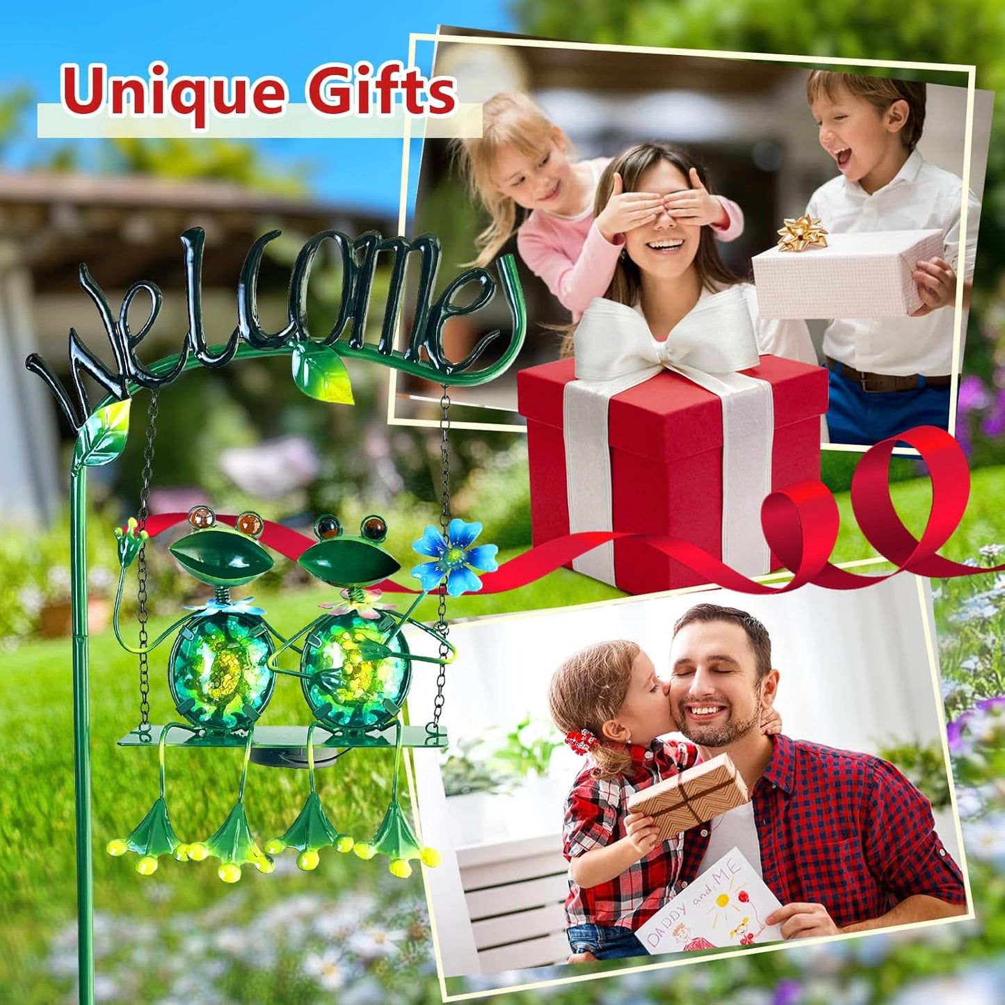 HONGLAND Outdoor Garden Solar Lights,Frog Swing Garden Decor,Frog Decorative Stake with Welcome Sign for Landscape Patio Yard (48 inch)