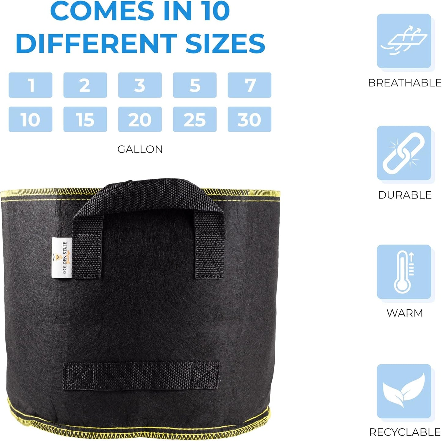 Grow Bags: 5-Pack (Size: 5 Gallon): 300gsm Black Felt Fabric w/Yellow Stitch, Biodegradable and eco-Friendly Material. (Handles + Dumping Handles-pat.Pend).