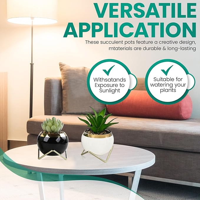 Set of 2 Artificial Succulents in Ceramic pots with Elegant Iron Frames and Delicate Flowers - Elevate Your Space with a Stunning Fake Plant Arrangement for Stylish Home Decor