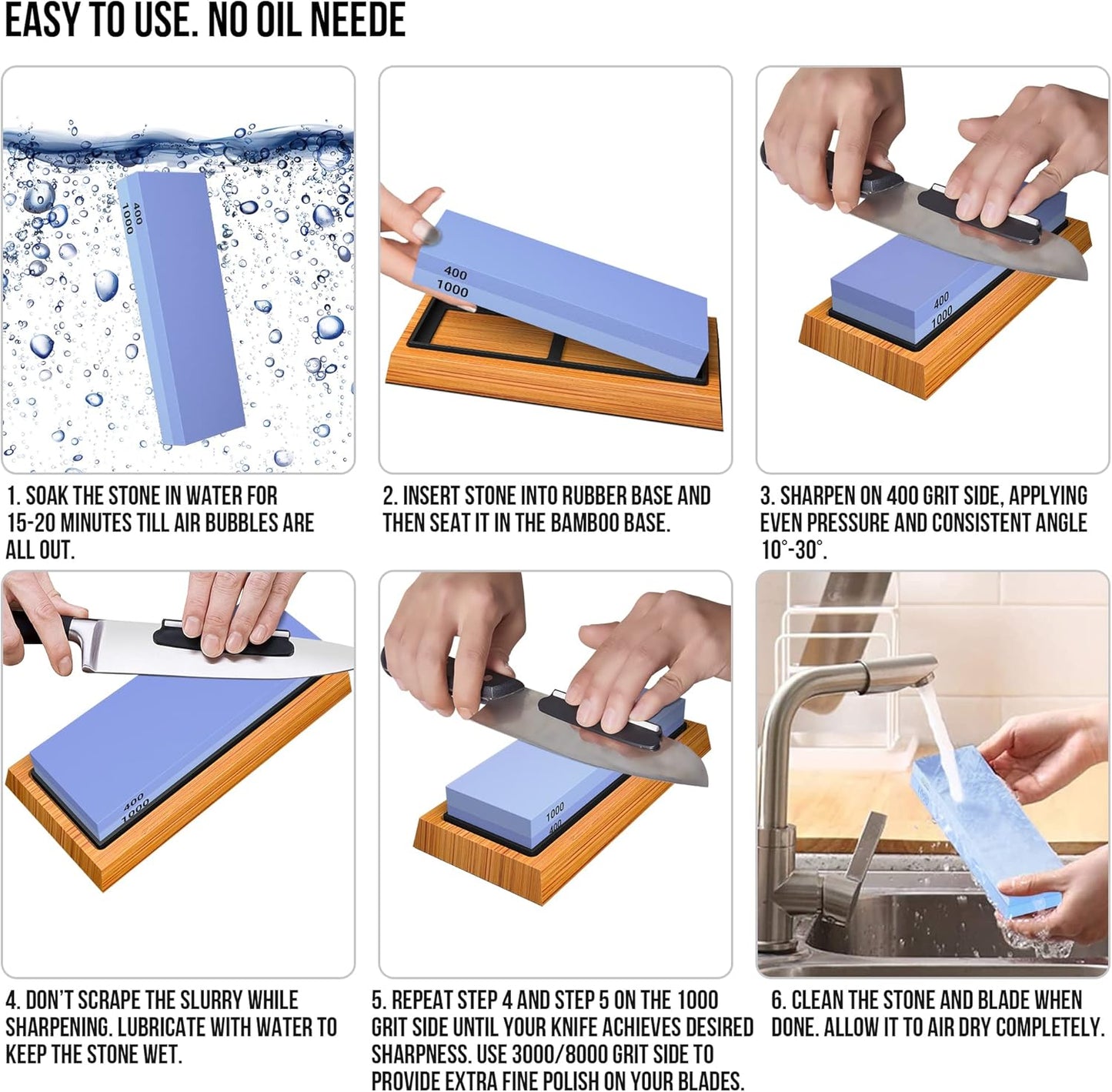Knife Sharpening Stone Set - Premium 4 Side Grit 400/1000 3000/8000 Whetstone Sharpener Kit - Non-Slip Bamboo Base,Cut Resistant Gloves, Angle Guide,Flatting Stone,Honing Guide,Leather Strop