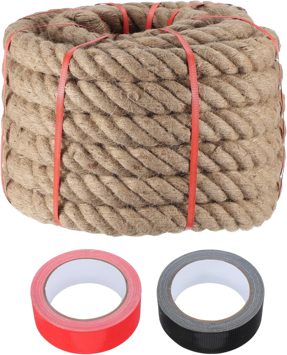 MECCANIXITY Jute Rope 2 Inch x 75ft, Thick Twine Rope Ropes Braided Jute Twine Natural Brown Burlap Cord String Heavy Twisted with Tapes for Decorative Crafts Railing Swing Tug of War