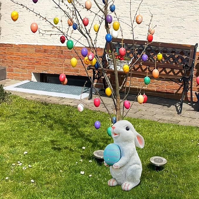 Solar Easter Rabbit Garden Statues Outdoor Bunny Decor Resin Bunny Statue with Egg Changing LED Lights Outdoor Easter Decorations for Porch Patio Lawn Yard Easter Gifts for Mom Grandma