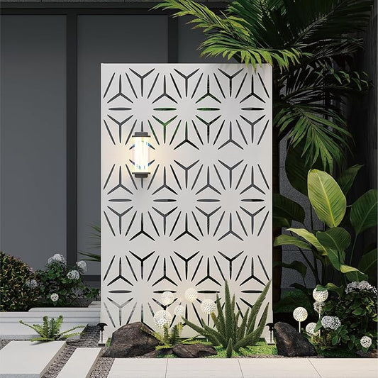 Heavy-Duty Outdoor Privacy Screen for Patio, Balcony, Backyard - 72" H * 44" W Metal Room Divider with Modern Geometric Pattern, Anti-Tipping Kit, Weather Resistant, Easy Assembly (White-SJX)
